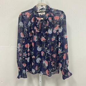LOFT Floral Chiffon Ruffle Tie Neck Smocked Cuff Blouse Large Navy Blue Sheer